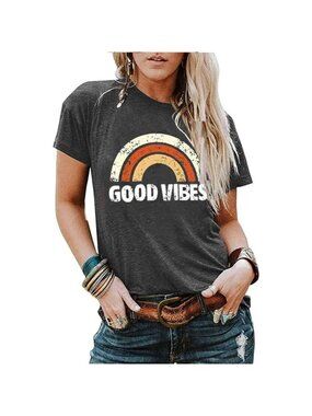 Women Orange Cotton Good Vibes Rainbow Tank T-Shirt Blouse Casual Jean Top